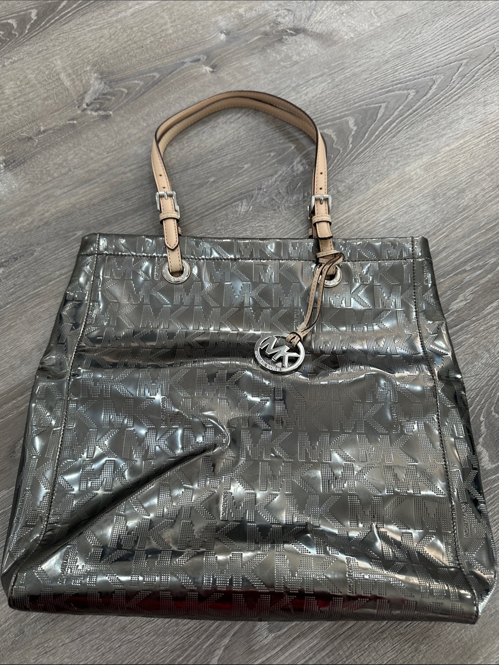 Michael Kors Silver Metallic MK Logo Tote with Tan Handles